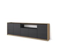 Buffet salon et cuisine 260x37x80cm 5 Portes Noir et chêne RF4266 avec module central avec ouverture et portes battantes.