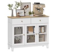 Buffet 3 portes vitrées nervurées 2 étagères 2 tiroirs poignées métal doré blanc effet bois clair Blanc