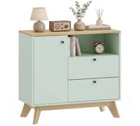 HOMCOM Buffet Salon, Meuble de Rangement avec Porte, 2 tiroirs, Compartiment Ouvert et étagère réglable, Style Moderne, Buffet Salle à Manger et Cuisine, 80 x 35 x 76,3 cm, Vert Clair et chêne