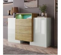 Buffet Salon LED Multicolore - Finition Blanc Laqué Brillant - 2 Portes + 3 Tiroirs - Style Scandinave - Blanc/Bois - 140x30x77.5cm