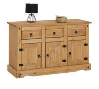 Buffet SALSA commode bahut vaisselier en bois style mexicain avec 3 portes et 3 tiroirs, en pin massif finition teintée/cirée