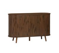 Buffet scandinave 2 portes coulissantes. 4 compartiments. décor bois rainuré. couleur noyer. buffet bas. L 120 x P 40 x H 75cm