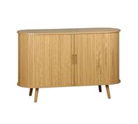 Buffet scandinave 2 portes coulissantes. 4 compartiments. effet bois rainuré. couleur naturelle. buffet bas. L 120 x P 40 x H 75cm