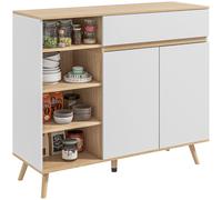 Buffet Scandinave 2 Portes Tiroir 4 Niches Blanc Aspect Chêne Clair Blanc