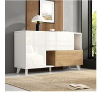 Buffet scandinave blanc brillant AESVAR 130 cm, 2 tiroirs, 2 portes, décor chêne clair