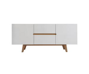Buffet scandinave blanc laqué brillant et finition bois clair 2 portes 2 tiroirs L160 cm MELKA