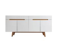Buffet scandinave blanc laqué brillant et finition bois clair 4 portes 2 tiroirs L180 cm MELKA