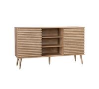 Buffet scandinave décor bois avec 2 portes coulissantes rainurées et 4 étagères. buffet bas. L 140