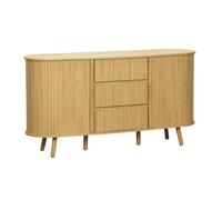 Buffet scandinave ovale 2 portes coulissantes. 4 compartiments. 3 tiroirs. décor bois rainuré. teinte naturelle. L 150 x P 40 x H