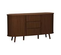 Buffet scandinave ovale 2 portes coulissantes. 4 compartiments. 3 tiroirs. décor bois rainuré. teinte noyer. L 150 x P 40 x H 79cm