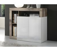 Buffet SEFRO - 2 portes et 3 niches - Blanc laqué et chêne Naturel clair, Blanc