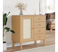 Buffet SENJA Aspect rotin Marron en Bois Massif de pin 80x40x80 cm avec 4 tiroirs et 2 Portes, Armoire de Rangement pour Salle à Manger Salon Cuisine, Surface en résine tressée élégante