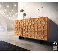 Buffet Solu 145 cm acacia naturel 2 portes 3 tiroirs pied flottant métal noir façade 3D