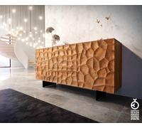 Buffet Solu 175 cm acacia naturel 2 portes 3 tiroirs pied flottant métal noir façade 3D