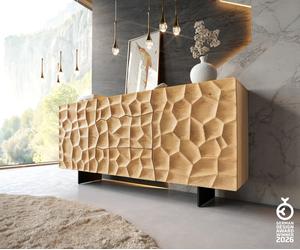 Buffet Solu 175 cm chêne naturel 2 portes 3 tiroirs pieds profilés métal noir face avant 3D