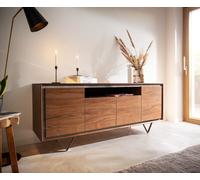 Buffet Stonegrace 175 cm acacia marron placage de pierre 4 portes 1 compartiment pied en V noir