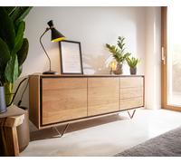 Buffet Stonegrace 175 cm acacia nature 2 portes 3 tiroirs placage en pierre pieds en V