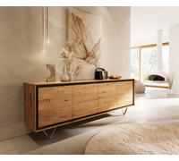 Buffet Stonegrace 200 cm chêne naturel 4 portes placage pierre pied en V inoxydable