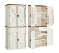 Buffet, Style Ferme, Hauteur 178,6 cm, avec Portes, Tiroir, Plateau, Étagères Réglables, pour Salle à Manger, Blanc Rustique