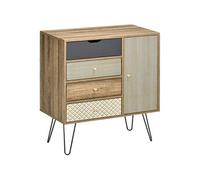 Buffet style industriel motif graphique - porte, étagère, 4 tiroirs - piètement épingle métal noir aspect bois