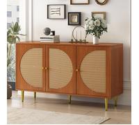 Buffet trois portes en osier tressé avec poignées métalliques, meuble de rangement pour salon, élégance vintage, finition noyer