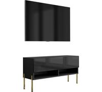 Buffet TV 100 cm noir mat / noir brillant, pieds droits dorés, 100 × 32 × 52 cm