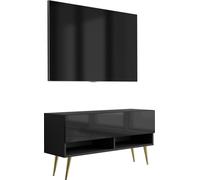 Buffet TV 100 cm noir mat / noir brillant, pieds inclinés dorés, 100 × 32 × 52 cm