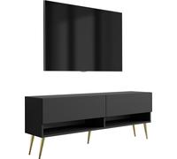 Buffet TV 140 cm noir mat, pieds inclinés dorés, 140 × 32 × 52 cm