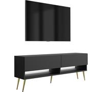 Buffet TV 140 cm noir mat, pieds inclinés dorés, LED blanches, 140 × 32 × 52 cm