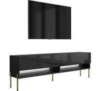 Buffet TV 170 cm noir mat / noir brillant, pieds droits dorés, LED blanches, 170 × 32 × 52 cm
