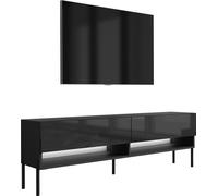 Buffet TV 170 cm noir mat / noir brillant, pieds droits noirs, LED blanches, 170 × 32 × 52 cm
