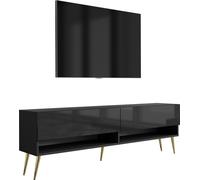 Buffet TV 170 cm noir mat / noir brillant, pieds inclinés dorés, 170 × 32 × 52 cm