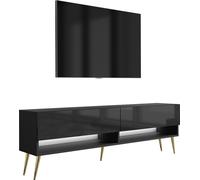 Buffet TV 170 cm noir mat / noir brillant, pieds inclinés dorés, LED blanches, 170 × 32 × 52 cm
