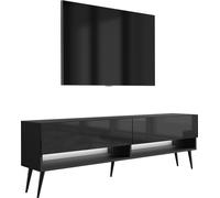 Buffet TV 170 cm noir mat / noir brillant, pieds noirs inclinés, LED blanches, 170 × 32 × 52 cm