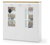 Buffet - Vaisselier coloris chêne Wotan et blanc - Longueur 138 x Hauteur 144 x Profondeur 38 cm