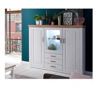Buffet - Vaisselier en pin blanc et chêne avec LED - L.163 x H.142 x P.40 cm