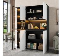 Buffet vaisselier haut LED avec vitrine verre rangements ouverts et fermés structure MDF éclairage réglable noir et blanc