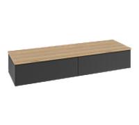 Buffet Villeroy & Boch Antao L42101PD avec éclairage, 2 tiroirs, 1600 x 268 x 500 mm, façade texturée, laque noire mate / chêne miel