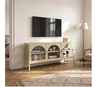 [en.casa] Buffet Vitrine Klippestad avec 4 Compartiments 3 Portes Arquées avec Poignées Fermeture Magnétique Vaisselier Armoire Acier Verre Trempé de 5 MM 118 x 35 x 55 cm Camel