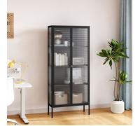 [en.casa] Buffet Vitrine Vinterhavn avec 4 Grands Compartiments de Rangement et 2 Portes Fermeture Magnétique Vaisselier Armoire pour Salon Bureau Acier Verre Trempé 180 x 80 x 35 cm Noir