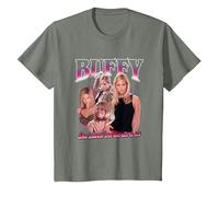 Buffy The Vampire Slayer Iconic Buffy 90's Collage Poster T-Shirt, Enfant, Vert Kaki chiné, 6 Ans