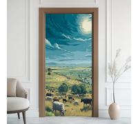 Bœufs Mouton Sticker Mural, Champ Prairie Autocollants De Porte Muraux Décoration Poster Murale, Paysage Campagne Stickers de Porte Imperméable Vinyle 80x200 cm