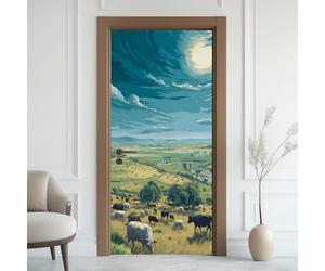 Bœufs Mouton Sticker Mural, Champ Prairie Autocollants De Porte Muraux Décoration Poster Murale, Paysage Campagne Stickers de Porte Imperméable Vinyle 80x200 cm