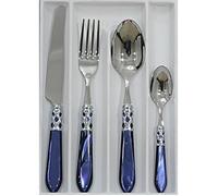 BUGATTI, Aladdin, Ensemble de Couverts 24 pièces en Acier Inoxydable 18/10, Anneau chromé et poignée Bleu Effet Nacre. Set 6 Personnes: 6 cuillères, 6 fourchettes, 6 Couteaux et 6 cuillères à café