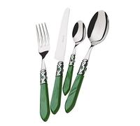BUGATTI, Aladdin, Ensemble de 24 couverts en acier inoxydable 18/10, anneau chromé et manche VERT effet nacré. Set de couverts 6 personnes: 6 cuillères, 6 fourchettes, 6 couteaux et 6 cuillères à café
