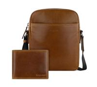 bugatti Savona Set Sac à Bandoulière et Porte-Monnaie en Cuir de Buffle avec Protection RFID, Sac en Tissu Inclus -Cognac