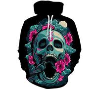 BUGGOF Sweatshirt Casual Homme 3D Impression Numérique Personnalité Mode Sweatshirt Homme Motif Tête De Mort Halloween Pullover Homme Tendance Poche Kangourou Streetwear Homme TD-02 3XL
