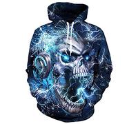 BUGGOF Sweatshirt Casual Homme 3D Impression Numérique Personnalité Mode Sweatshirt Homme Motif Tête De Mort Halloween Pullover Homme Tendance Poche Kangourou Streetwear Homme TD-01 5XL