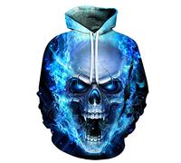 BUGGOF Sweatshirt Casual Homme 3D Impression Numérique Personnalité Mode Sweatshirt Homme Motif Tête De Mort Halloween Pullover Homme Tendance Poche Kangourou Streetwear Homme TD-09 3XL