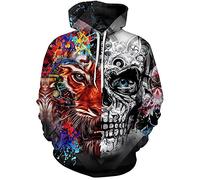 BUGGOF Sweatshirt Casual Homme 3D Impression Numérique Personnalité Mode Sweatshirt Homme Motif Tête De Mort Halloween Pullover Homme Tendance Poche Kangourou Streetwear Homme TD-11 XL